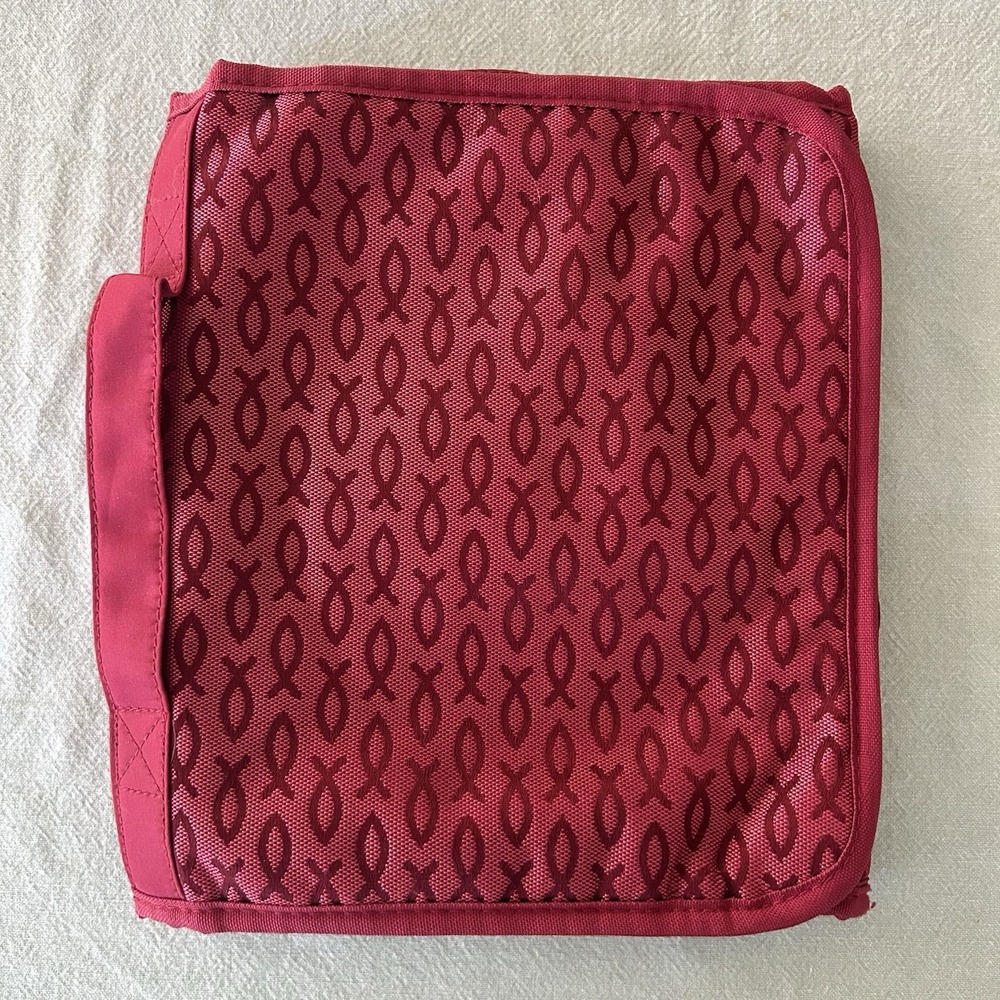 Bible Cover Burgundy Tri Fold With All Over Fish Design
